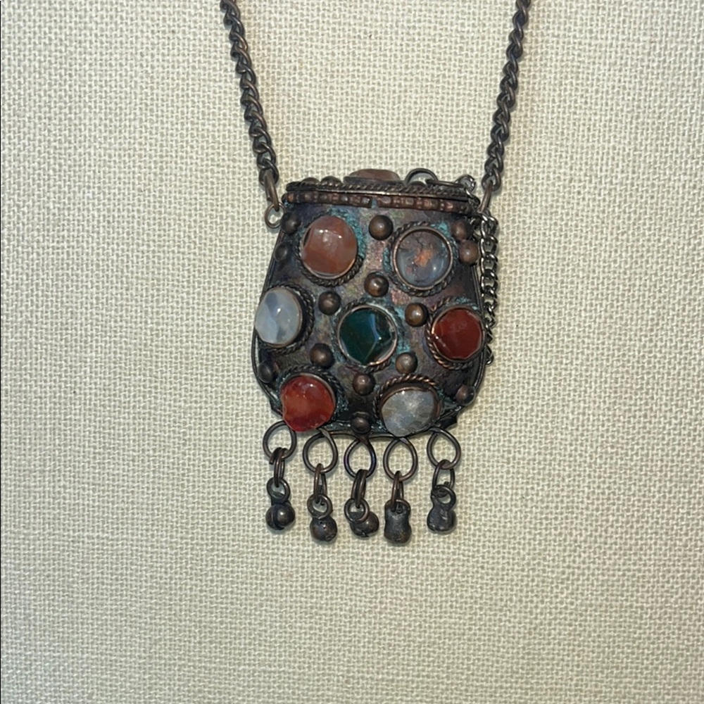 Artisan Multi-Stone Mini Purse Pendant Necklace Stash